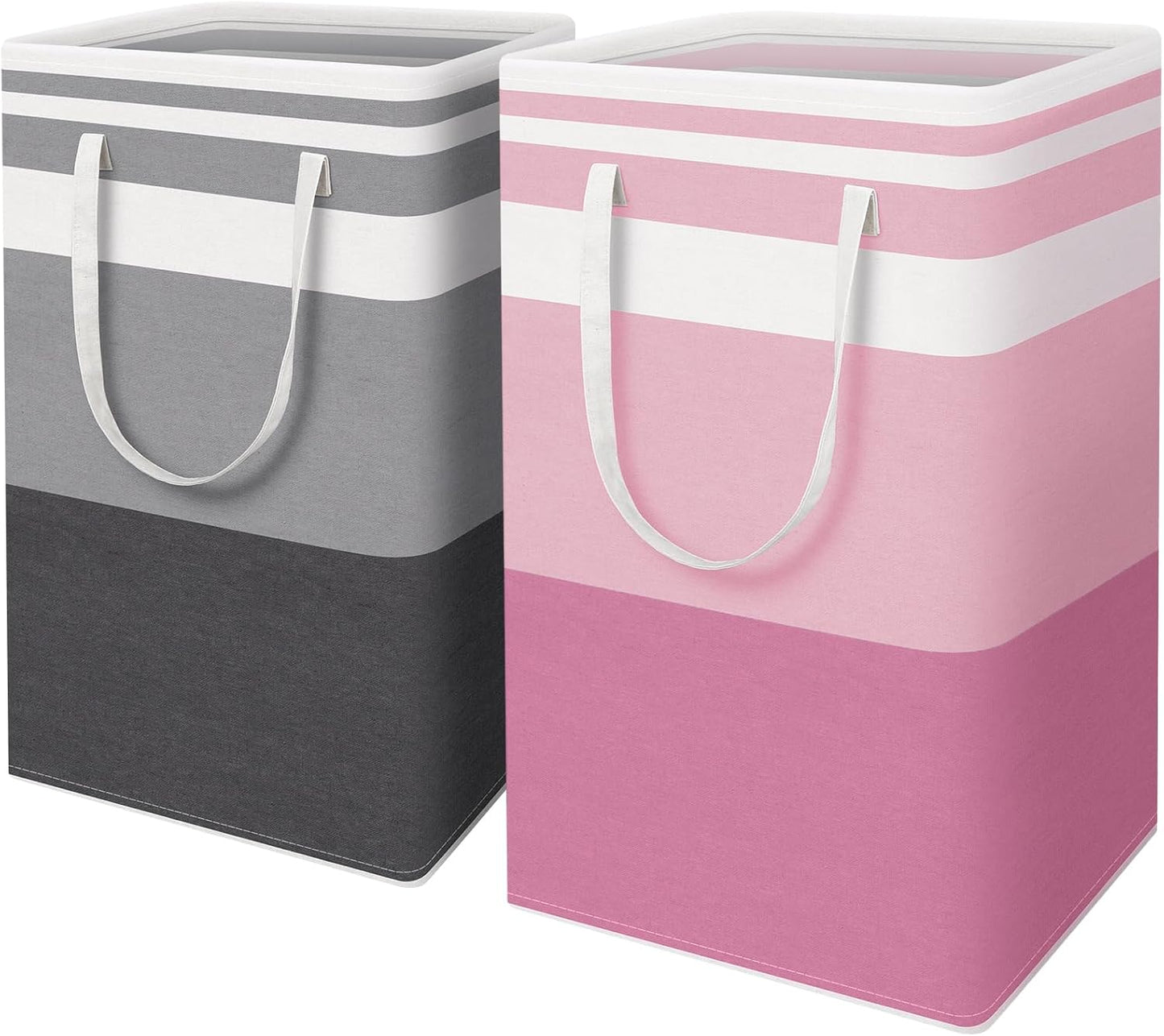 HomeHacks 2 Pack Large Laundry Baskets, Waterproof, Freestanding Laundry Hampers, Collapsible Clothes Hamper with Reinforced Handles in Laundry, College Dorm, Bathroom, Bedroom (Grey+Pink, 88Lx2)