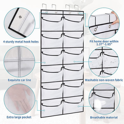 2 Packs Over the Door Shoe Organizer, 24 Extra Large Mesh Pockets Hanging Shoe Boots Rack Holder, Closet Hanging Organizers for Storage Sneakers High Heeled Shoes Slippers (White)