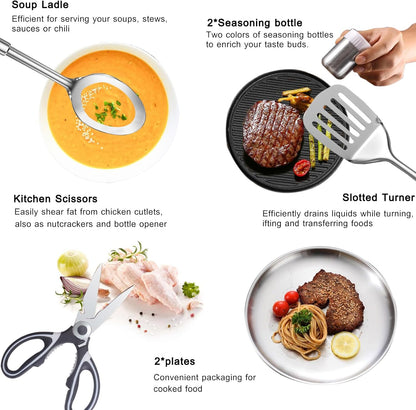 Camping Cooking Utensils Set - Camping Utensil Set Car Camping Cooking Essentials Gear for Camp Kitchen Cooking and Grilling, Stainless Steel & Silicone Ideal Gift for RV Tent Camper