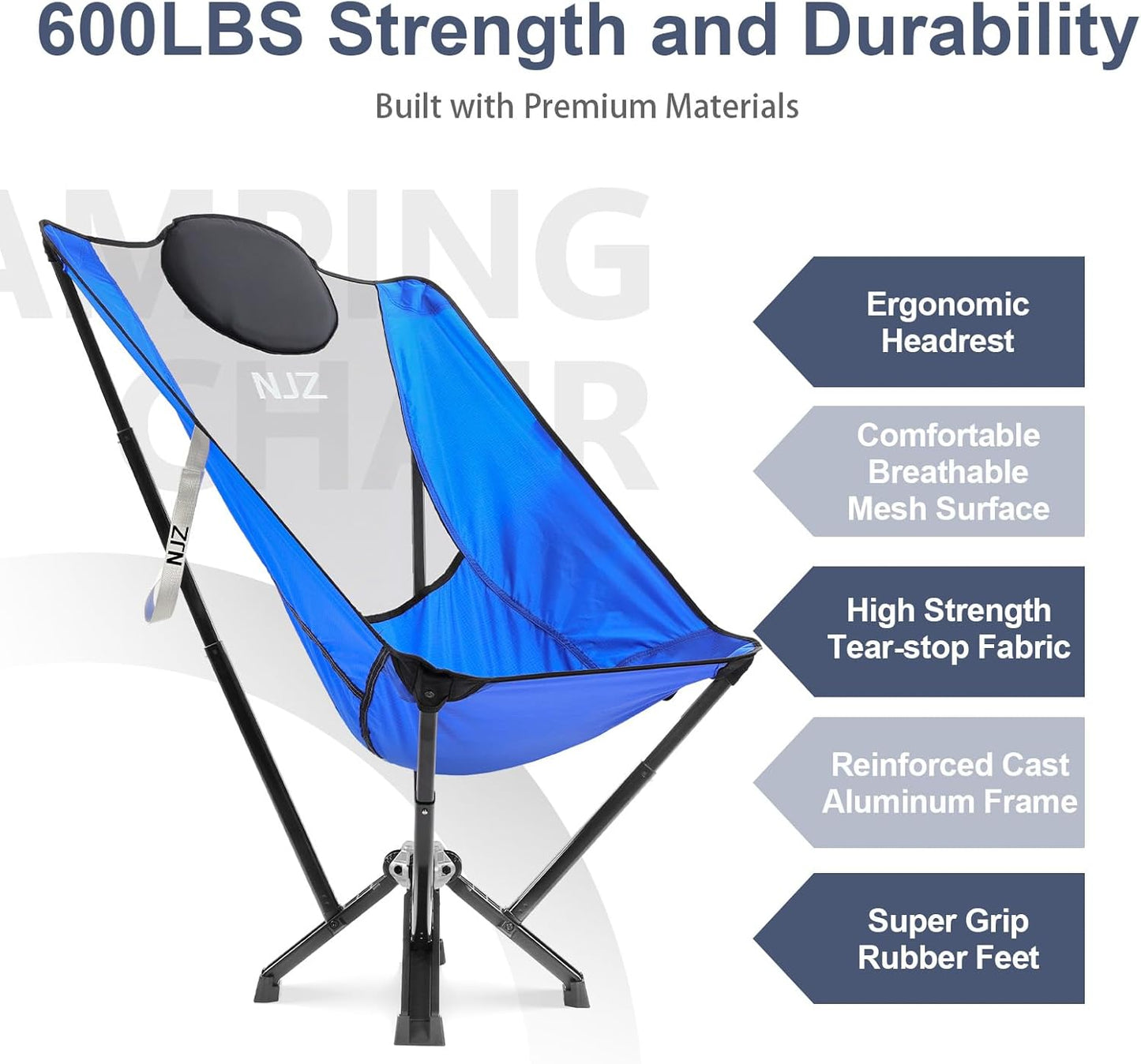 High Back Camping Chairs for Adults - 600 LBS Capacity Stable Outdoor Folding Chair with Comfortable Backrest & Headrest, Quick Setup - Portable Chair for Road Trip, Sports, Car Camping - Blue