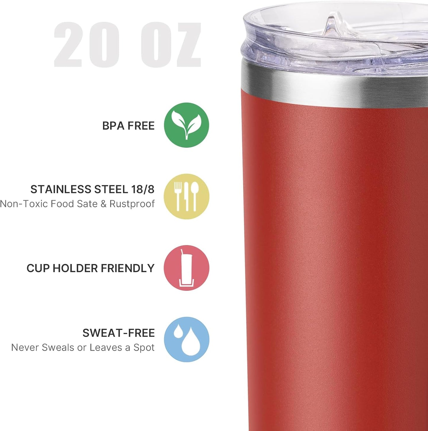 koodee Coffee Tumbler 20 oz Stainless Steel Double Wall Vacuum Insulated Skinny Tumbler with Lid and Straw, Beach Cup for Women and Girls(Canyon Red)