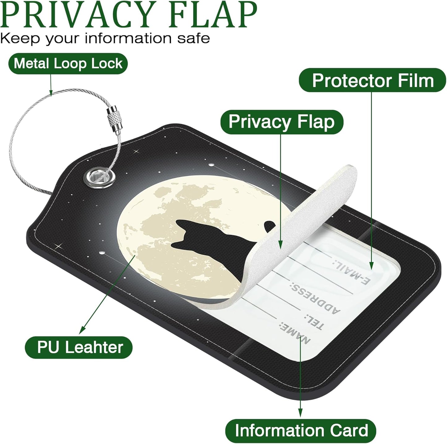 2 Pack Luggage Tag for Suitcase Black Cat The Night Sky Leather Suitcase Tags with Privacy Name ID Label and Stainless Steel Loop for Travel Bag