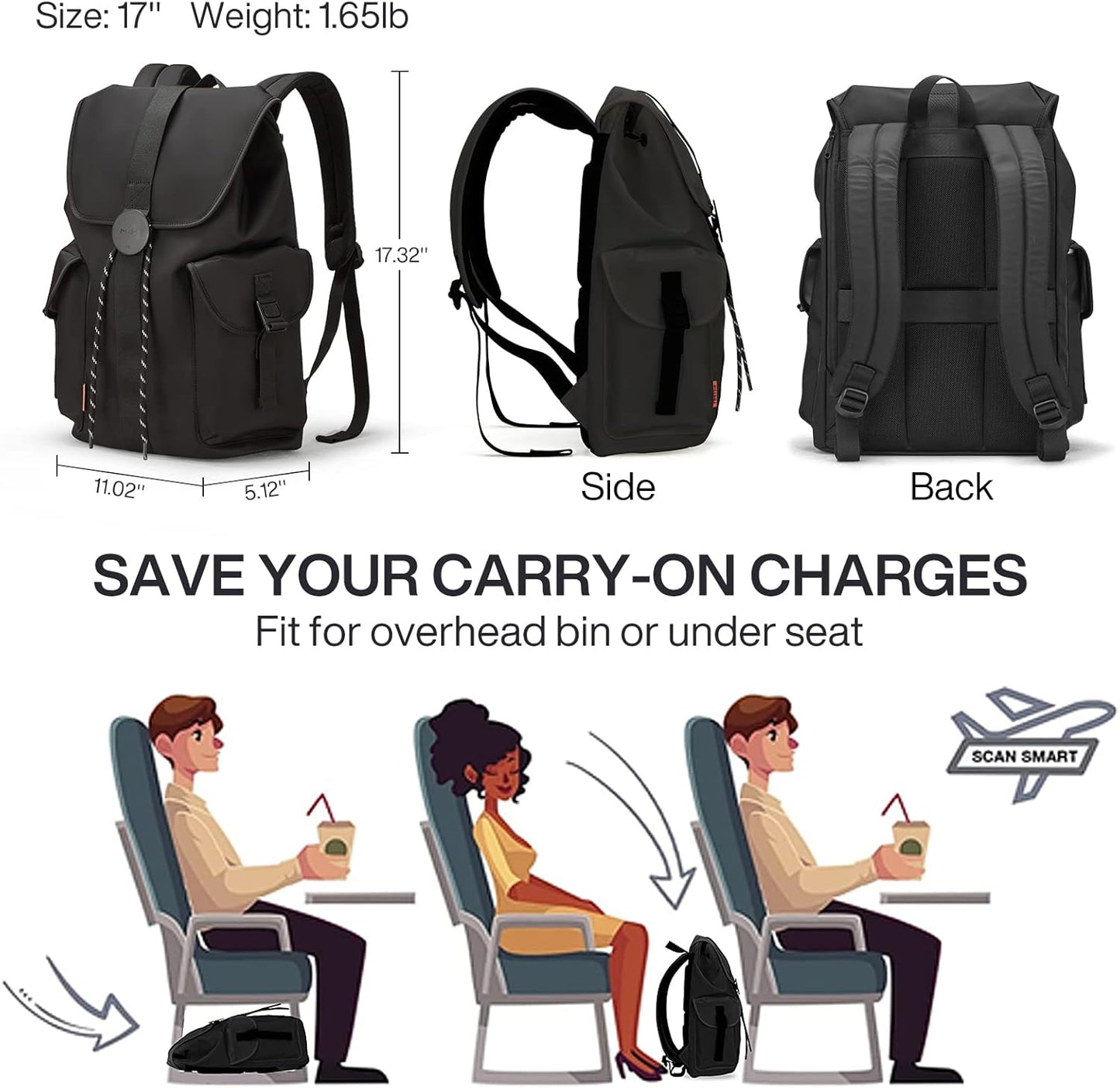 mixi Travel Laptop Backpack for Women & Men Carry On Backpack fits 16'' Laptop, Waterproof Lightweight Casual Hiking Weekender Bags Rucksack,17 Inch, Knight Black