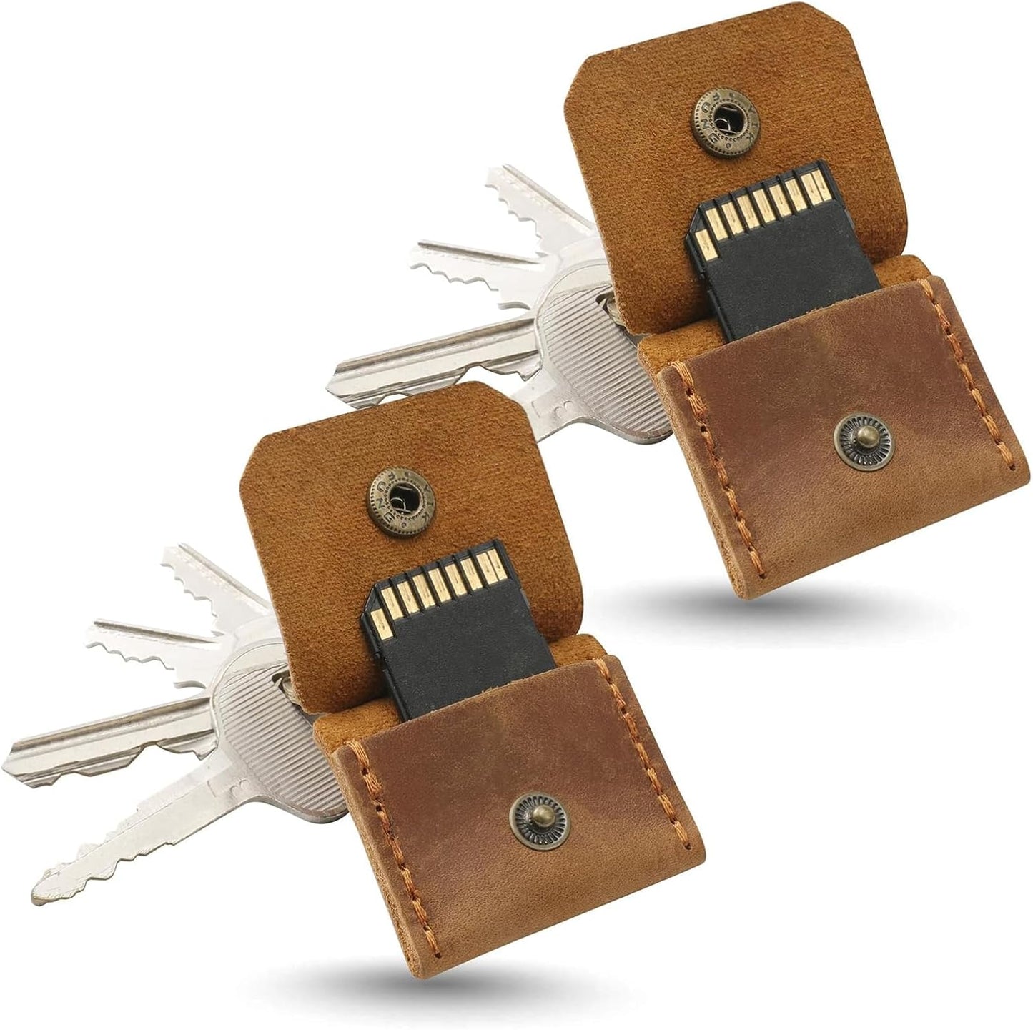 Jack&Chris Genuine Leather SD Card Holder Keychain, Anti-Shock Anti-Dust SD Card Case, Portable Camera Accessories for SD CF CFexpress Micro SD Nano SIM and Micro SIM Cards, Yellow Brown 2 Packs