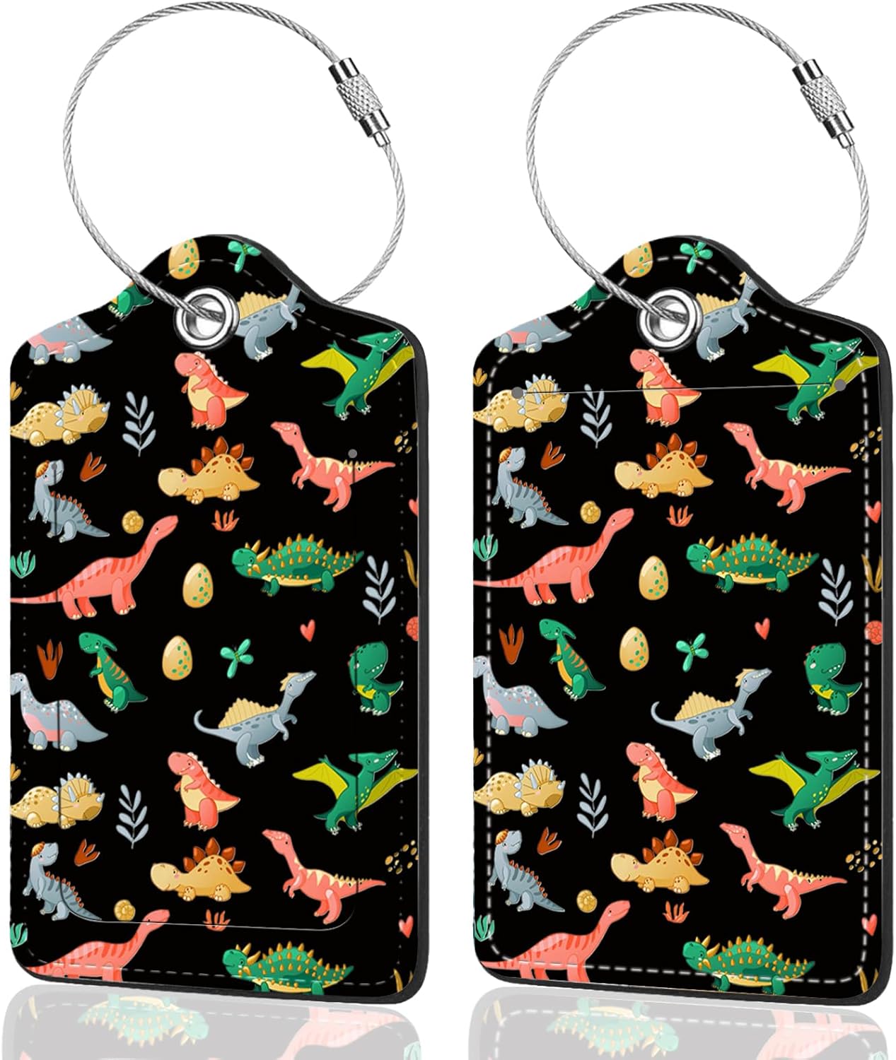 2Pack Luggage Tags for Suitcases, Cute Unique Pu Leather Cruise Luggage Tag with Privacy Cover ID Label Address Card and Metal Ring Suitable for Women Men Kids Travel Bag Dinosaurs and Plants