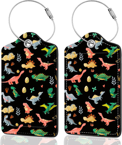 2Pack Luggage Tags for Suitcases, Cute Unique Pu Leather Cruise Luggage Tag with Privacy Cover ID Label Address Card and Metal Ring Suitable for Women Men Kids Travel Bag Dinosaurs and Plants