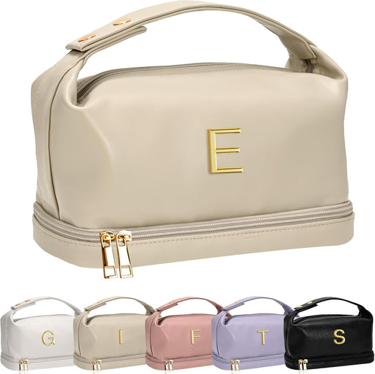 Personalized Makeup Bag with Handle, Initial Double Layer Cosmetic Bag with Makeup Brush Organizer,Gifts for Friends Female Mom