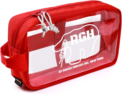 Rough Enough Clear Toiletry Bag Travel Cosmetic Makeup Toothbrush Case Pouch Organizer for Women Men Leakproof Traveling Essentials Red