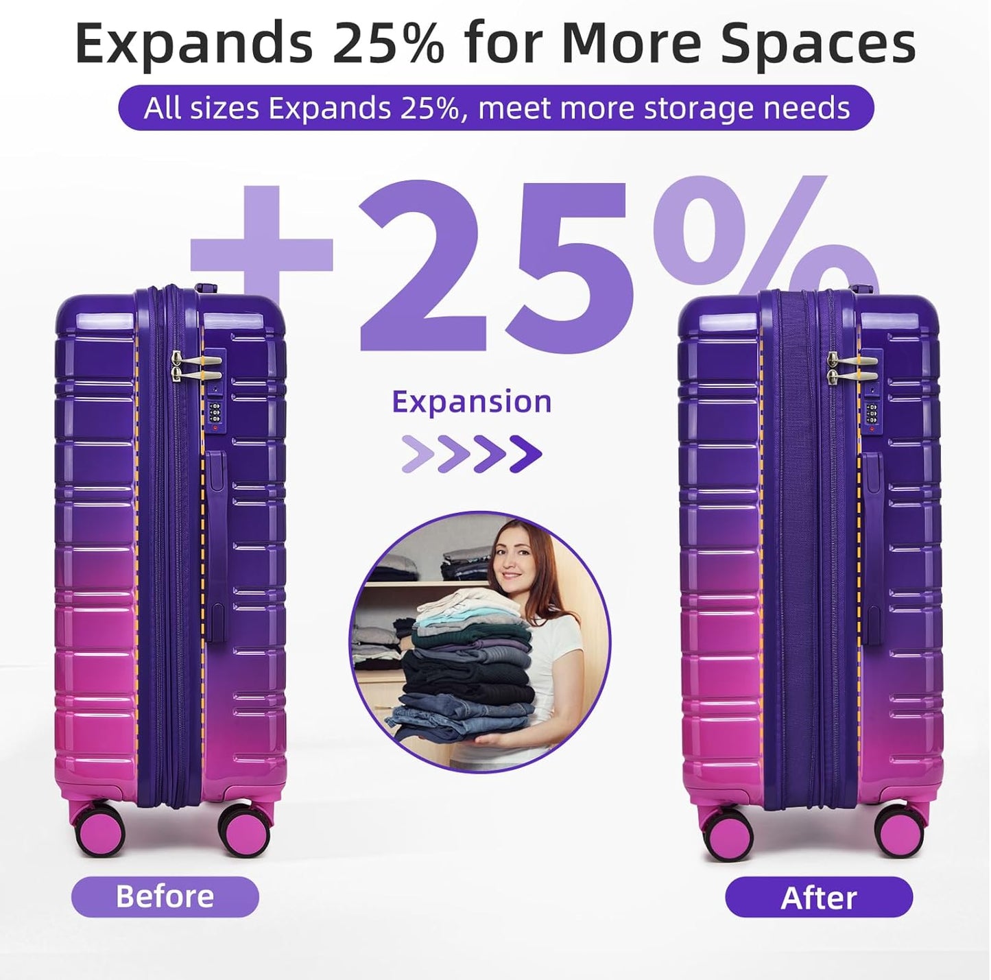 LARVENDER Luggage Sets 5 Piece Hardside Expandable Suitcase with Wheels Lock,PC+ABS Hardside Lightweight Rolling Suitcase for Women and Men,Midnight Berry