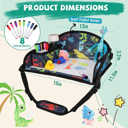 Kids Travel Tray for Airplane - Toddler Car Seat Table Tray, Road Trip Essentials for Boys & Girls, Carseat Lap Desk for Kids Road Trip Activities, Dinosaur