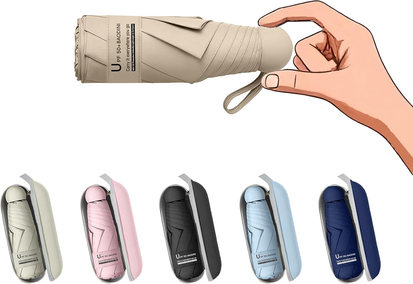 BAODINI Travel Mini Umbrella for Purse With Case Small Compact UV Sun Protection Sun Lightweight Tiny Pocket Manual Open Close Umbrella for Women Kids and Men