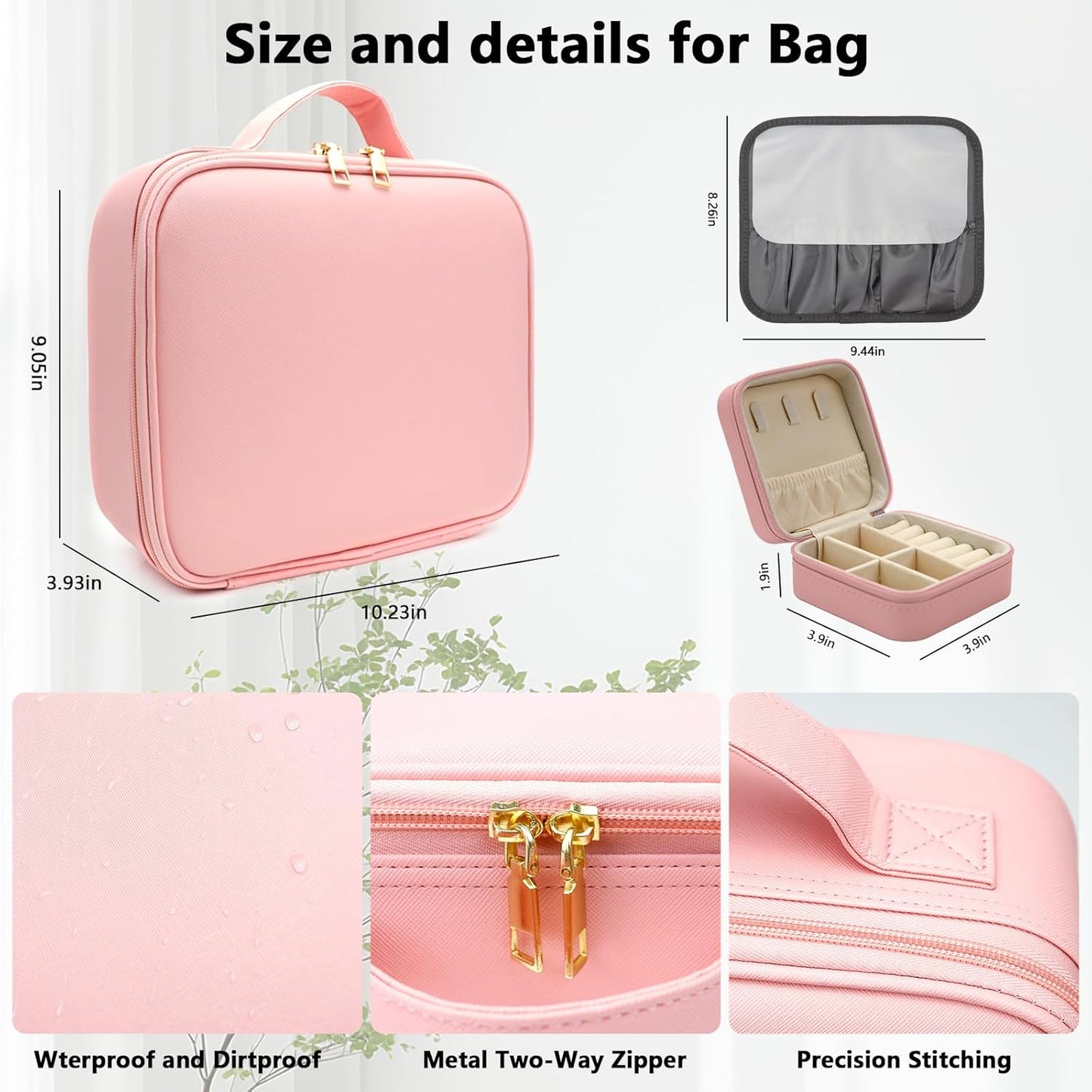 Travel Makeup Bag with LED Mirror with 3 Lighted Settings, Adjustable Dividers, Makeup Brush Storage Bag and Jewelry Case Pink