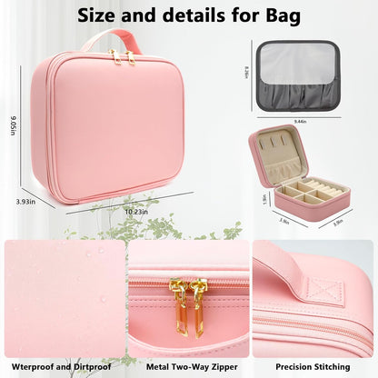 Travel Makeup Bag with LED Mirror with 3 Lighted Settings, Adjustable Dividers, Makeup Brush Storage Bag and Jewelry Case Pink