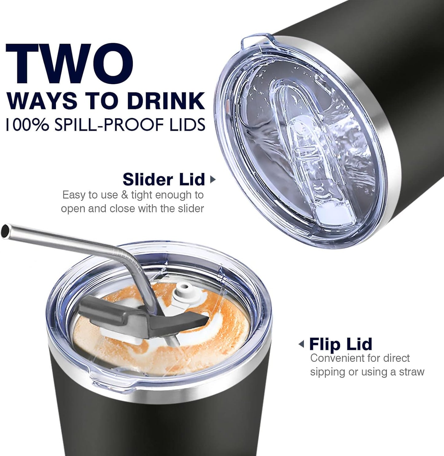 30 oz Travel Coffee Tumbler Cup, Double Wall Stainless Steel Reusable Spill Proof Tumbler with Straw, Leak Proof Insulated Tumbler with Straw for Iced Coffee, Tea & Water (Black)