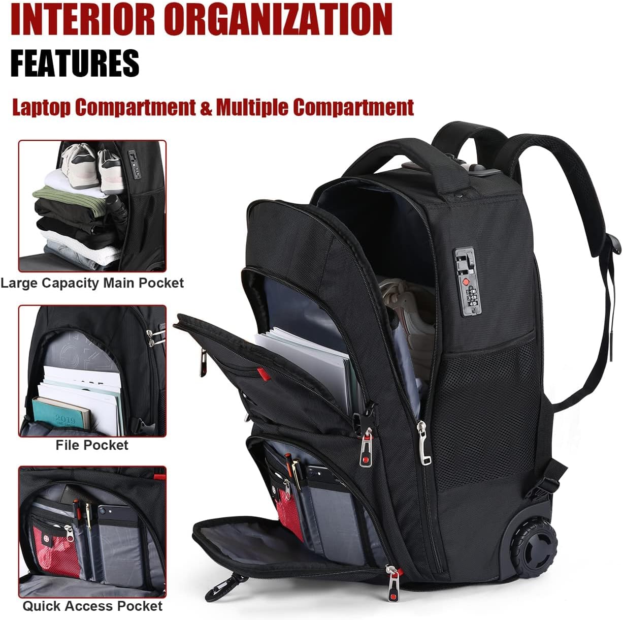 star cloud 21x14x9 Rolling Backpack with Wheels - Water-Resistant, 17.3" Laptop Compartment, Ideal Carry-On for Overnight Travel, College, Work - Wheeled Business Backpack for Adults