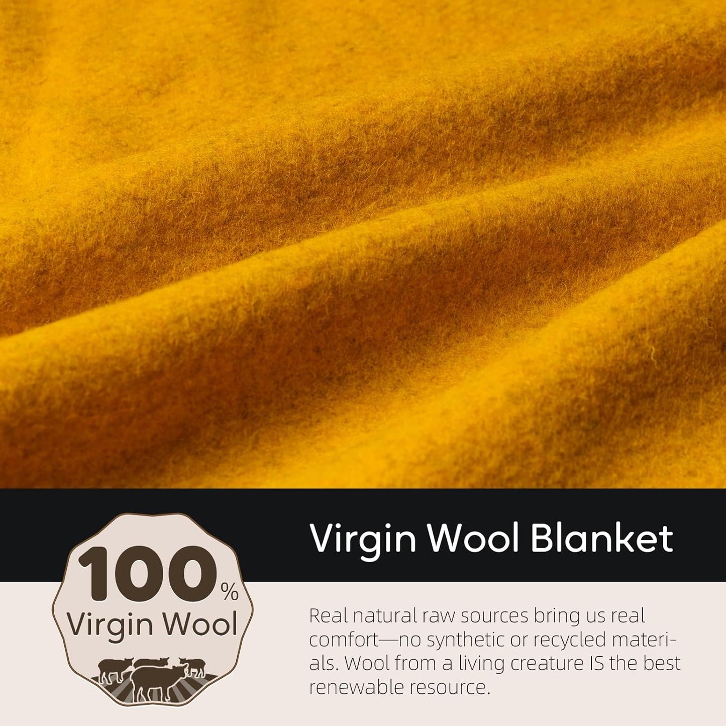 100% Wool Blanket, 48" x 62", Warm, Thick, Washable, Military Wool Blanket, Great for Camping, Outdoors, Sporting Events, Survival Kits, Yellow