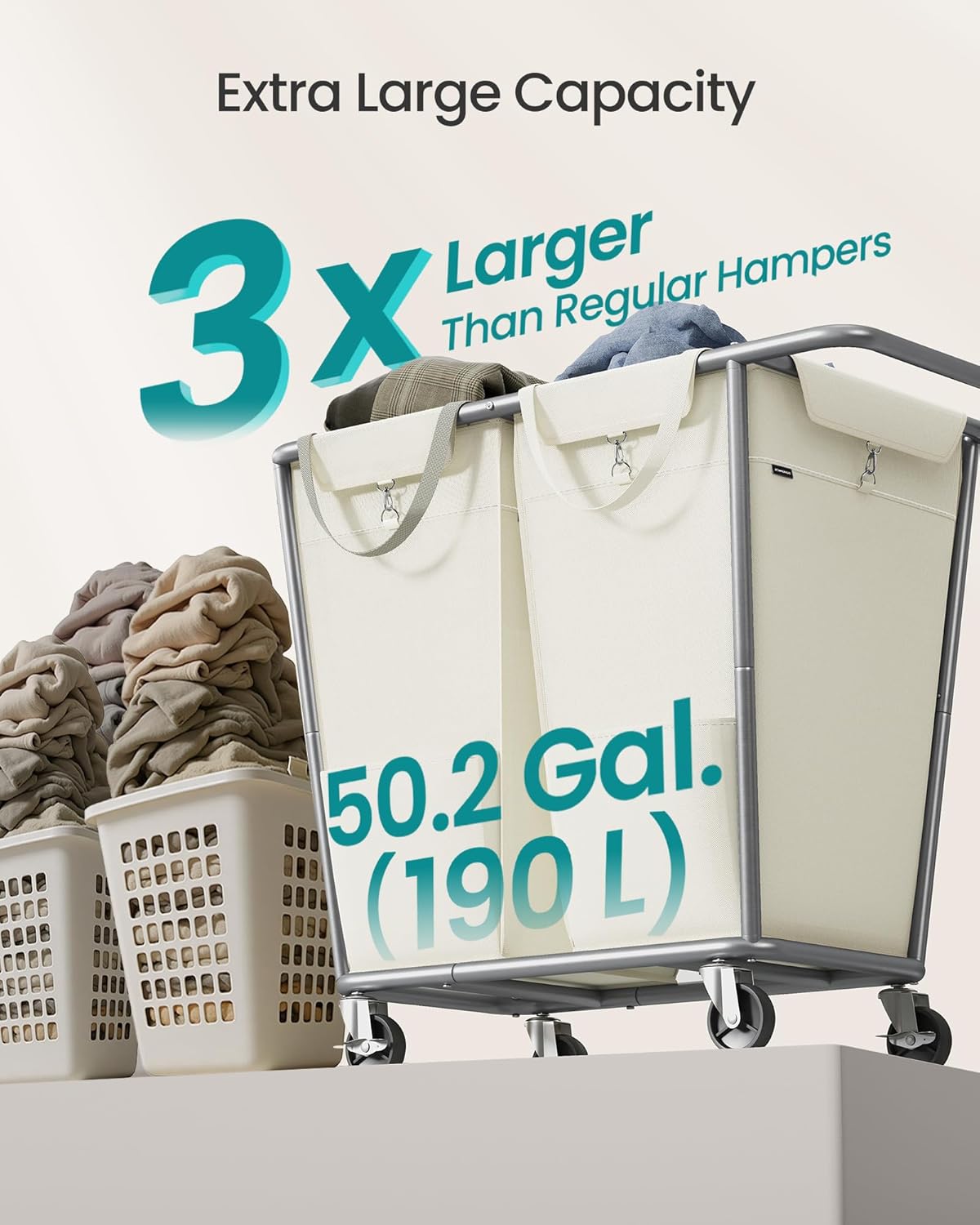 SONGMICS Laundry Basket with Wheels, 2-Section Laundry Sorter, 50.2 Gallons (190 L) Rolling Hamper with Removable Bags, Heavy-Duty Steel Frame, Cream White URLS009W01