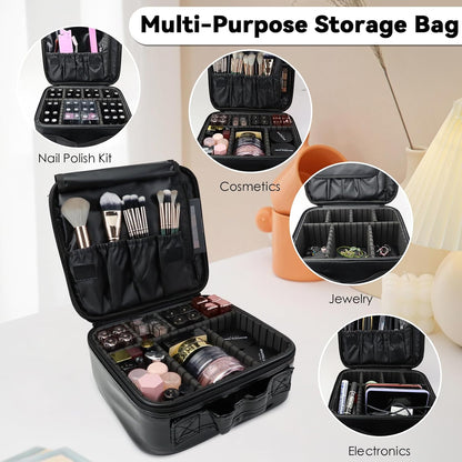 Travel Makeup Bag Makeup Cosmetic Train Case Organizer Portable Storage Bag with Adjustable Dividers for Cosmetics Makeup Brushes Toiletry Jewelry Black Laser Grid Pattern