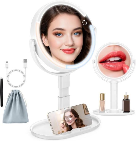 15X/1X Lighted Magnifying Mirror, 4000mAh Rechargeable Makeup Mirror with 3 Level LED Light, 360° Rotation 2 Sided Vanity Desk Mirror, Dimmable Adjustable Height Table Makeup Mirror Phone Stand