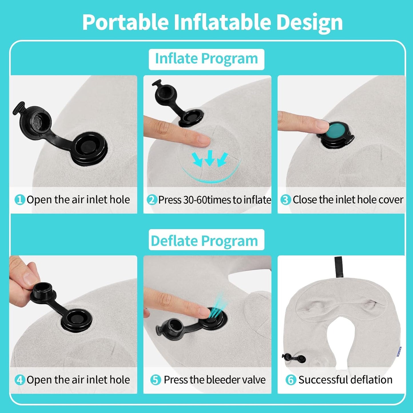 2 Pack Inflatable Travel Neck Pillows for Airplanes, Head Support Velvet Adult Neck Pillows for Long Flight, Kit with Eye Mask, Earplugs and Storage Bag, 2, Light Gray