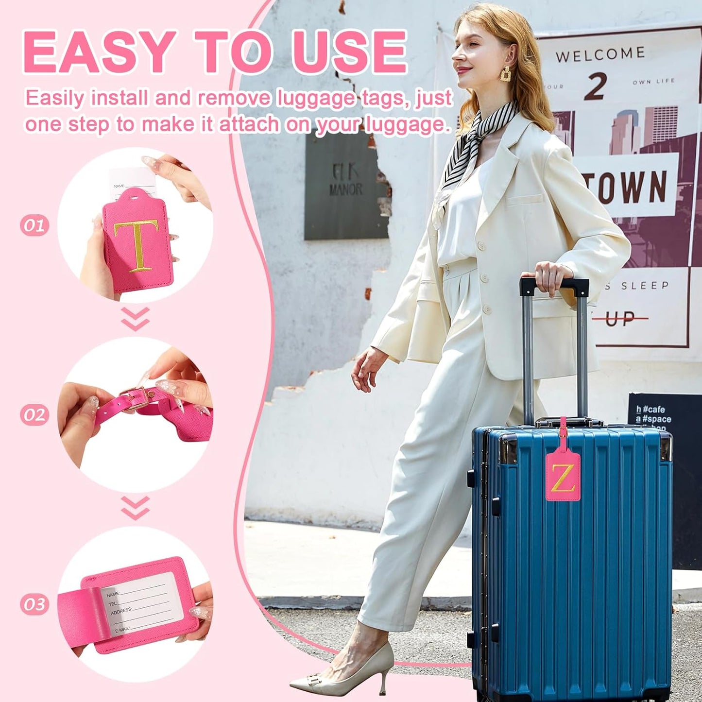 Personalized Initial Rose Red Leather Cute Luggage Tags with Privacy Cover Name Card, Embroidered Custom Monogram Travel Backpack Tag Gifts for Women Kids(Z)