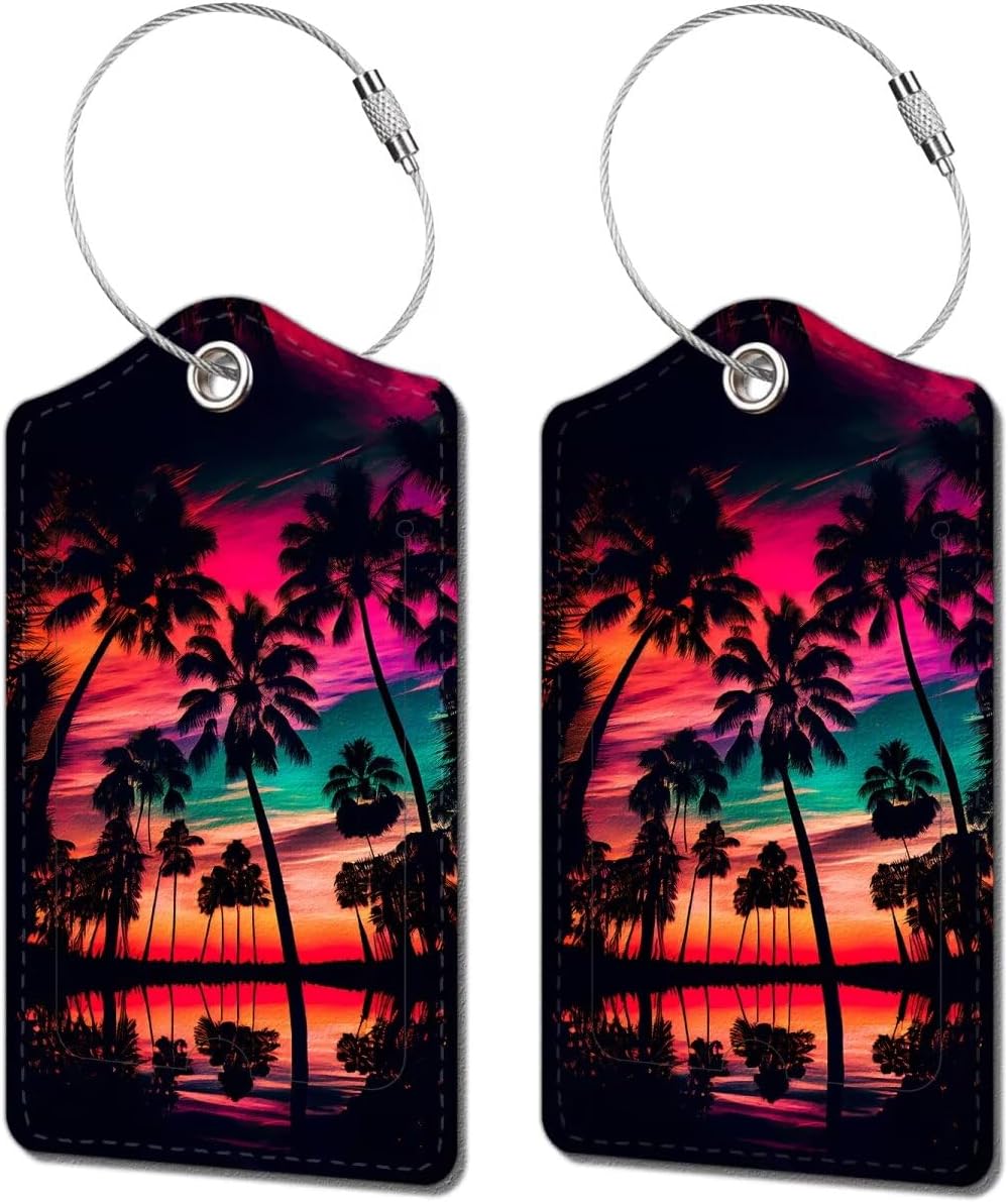 2 Pack Luggage Tag for Suitcase, Cute Unique Leather Bag Tags Identifiers Privacy Cover ID Label with Durable Steel Loop for Women Men Kids Girls Travel, Dusk