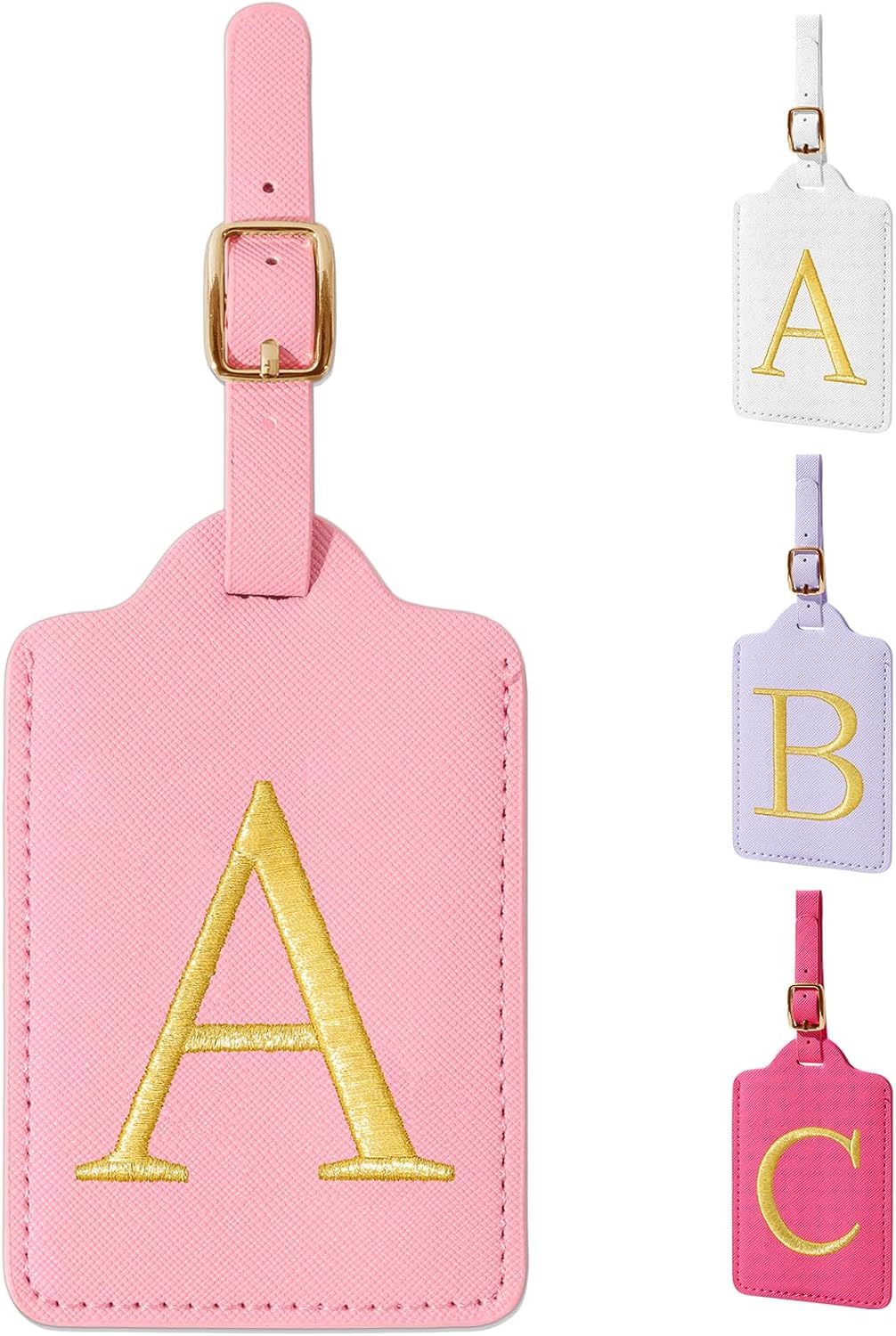 Personalized Initial Luggage Tags for Suitcase, Pink Leather Cute Luggage Tags with Privacy Cover Name Card, Embroidered Custom Monogrammed Luggage Tag Travel Bag Baggage Tags Gifts for Women Kids(A)