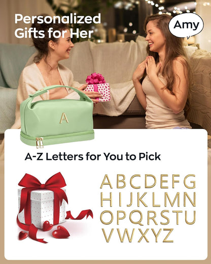 Gifts for Women 40s, Personalized Makeup Bag with Handle, Initial Double Layer Cosmetic Bag with Makeup Brush Organizer, Cute Cosmetic Pouch for Women, Gifts for Friends Female Mom