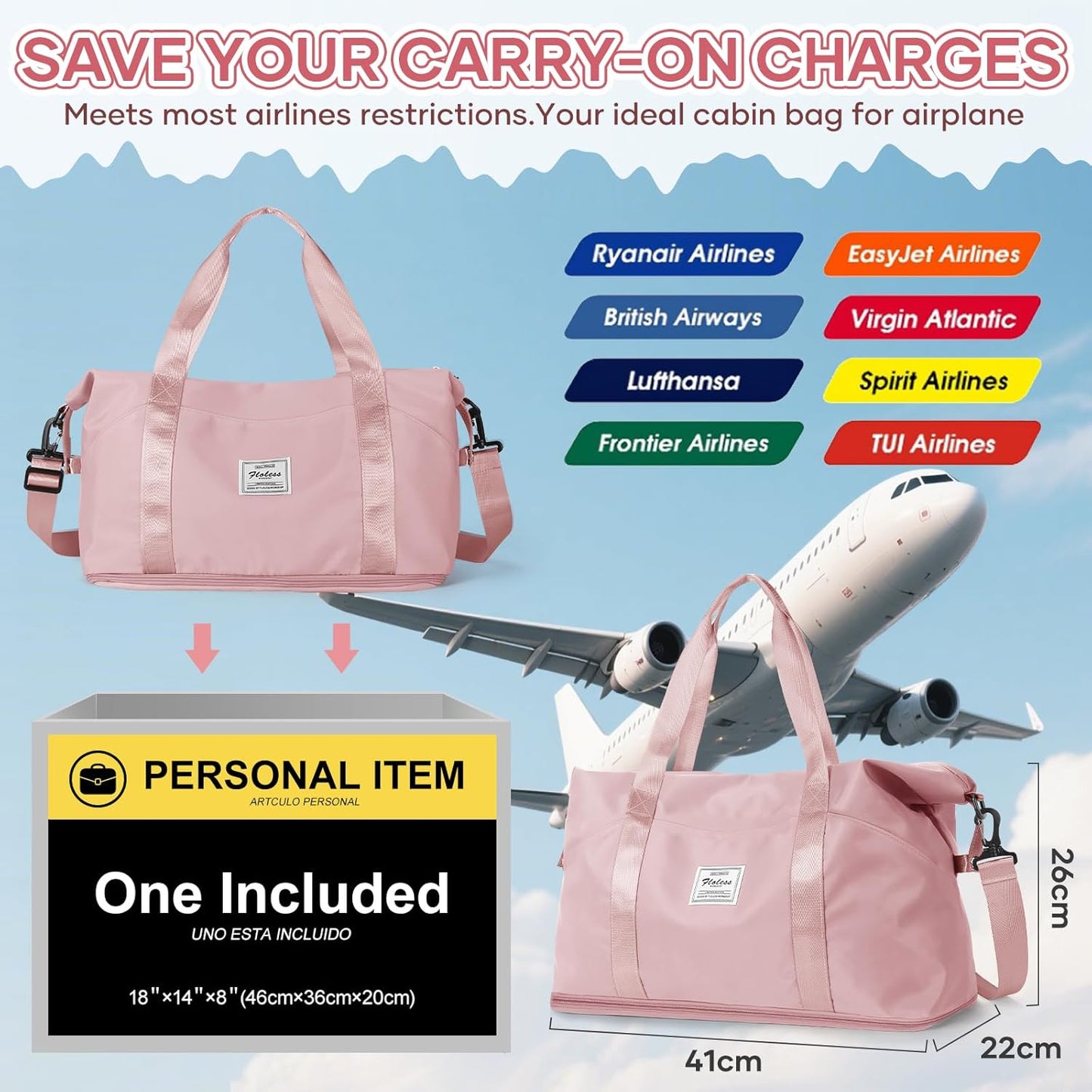 Travel Duffel Bag, Sports Tote Gym Bag, Shoulder Weekender Overnight Bag for Women