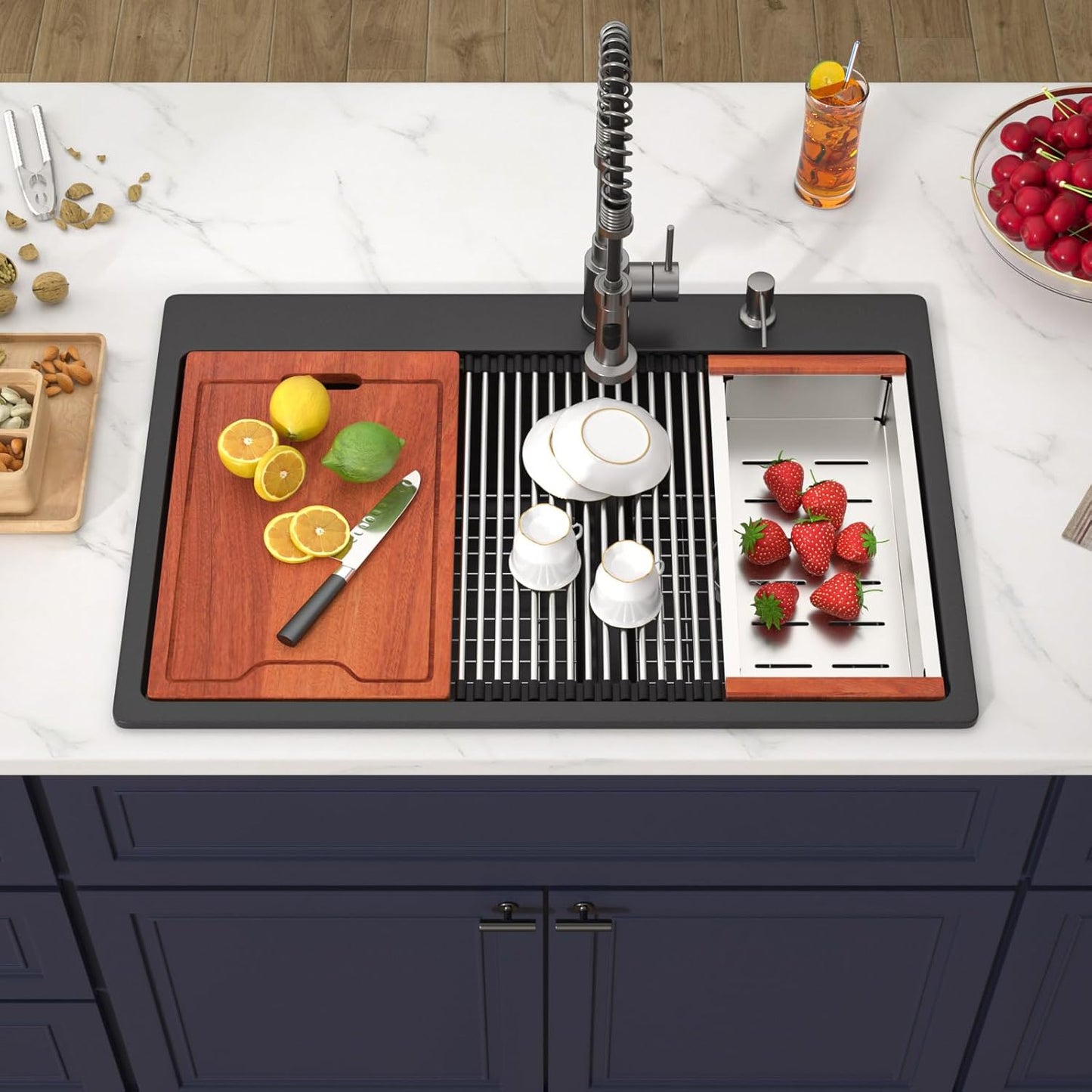 33 Inch Drop in Granite Composite Black Kitchen Sink-Donsdey Double Bowl Topmount 60/40 Basin Quartz Workstation Sink with Luxury Accessories Easy Cleaning Noise Reduction