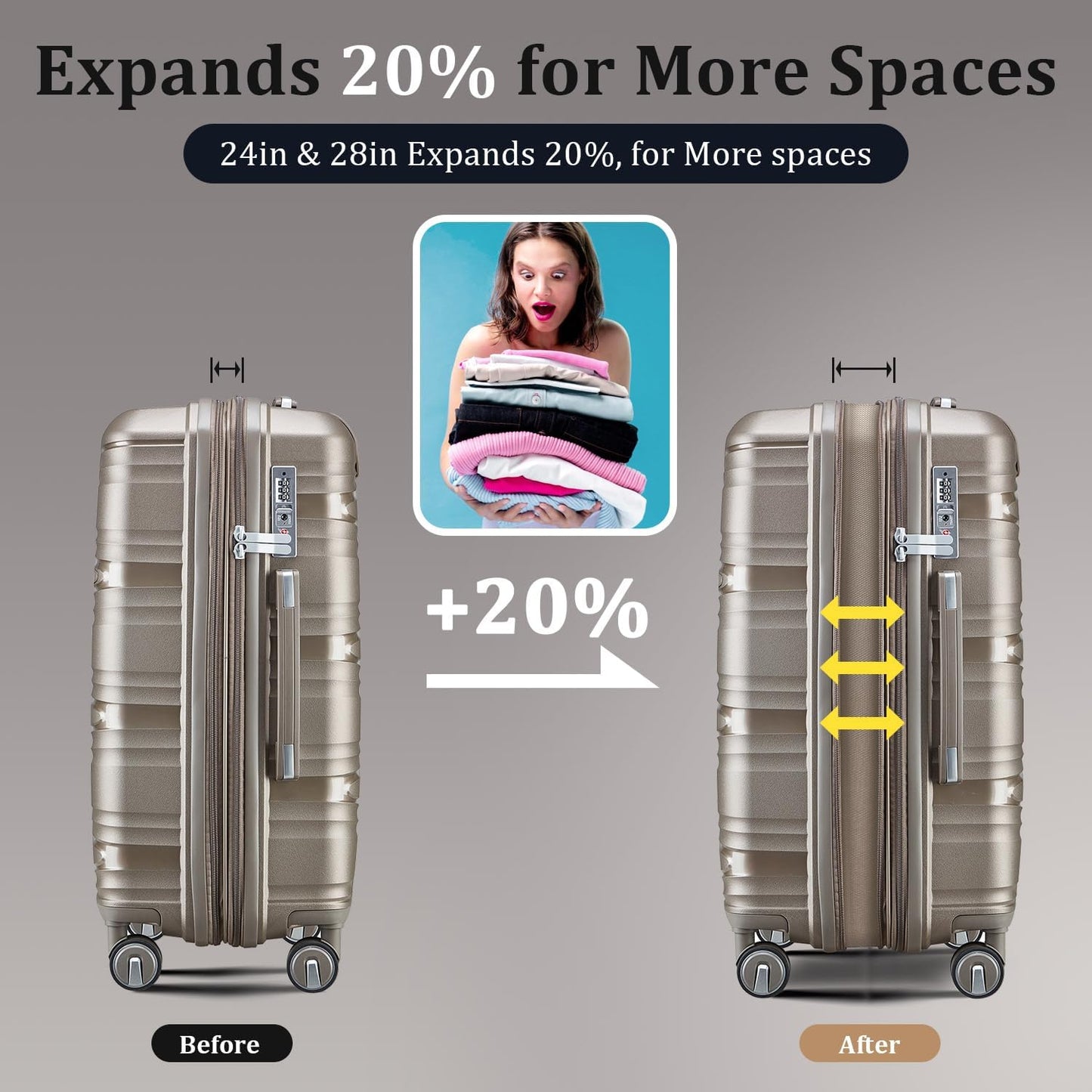 Luggage Set 4 Piece with Spinner Wheel, TSA Approved Expandable Hardshell Suitcase, Lightweight Travel Family Set for Men and Women(Champagne)