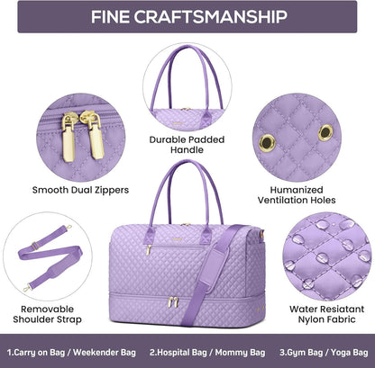 Travel Bag Weekender Bags for Women - Carry on Overnight Bag with Shoe Compartment Duffle Bag with Laptop Pocket Light Purple