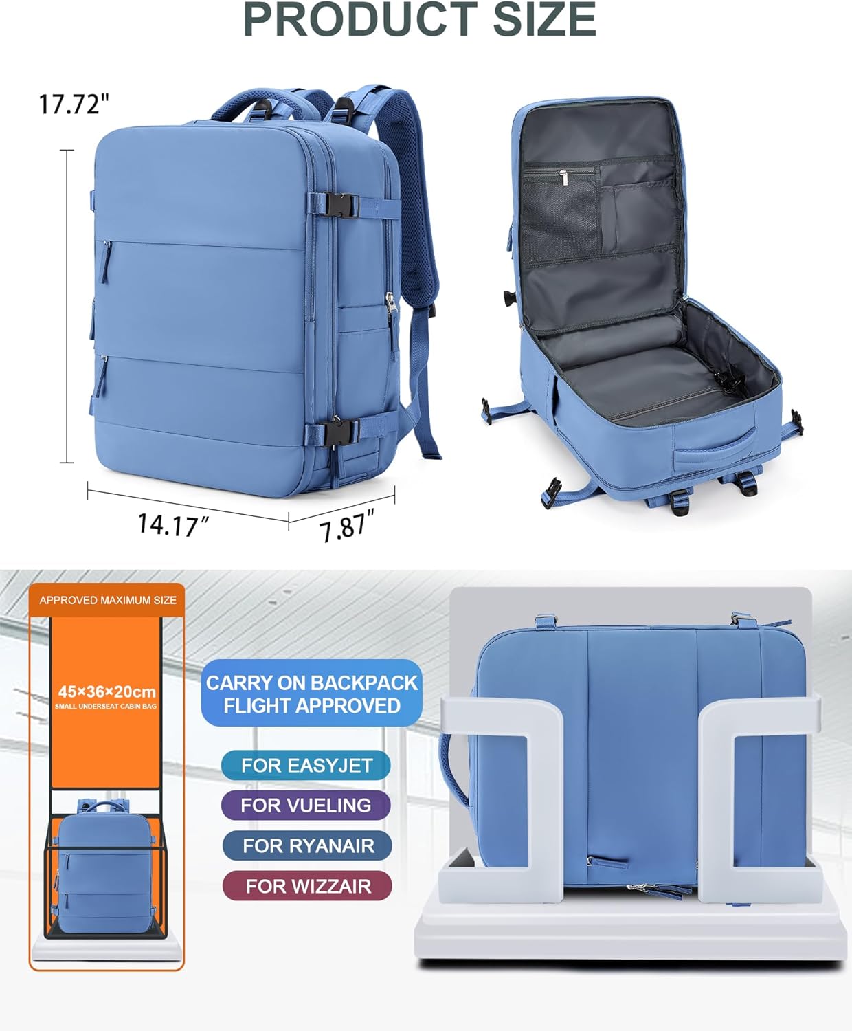 coowoz Large Travel Backpack Carry On for Women Man Waterproof Gym Backpacks with Laptop Compartment Mochila de Viaje Teacher Personal Item Backpack Rucksack Airplane Accessories Must Haves Sky Blue