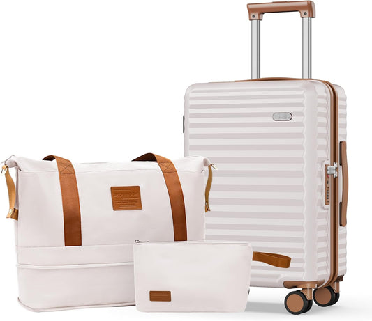 SHOWKOO Carry On Luggage Hardshell Lightweight Luggage Set, Suitcase with Double Spinner Wheels Tsa Lock White 3 piece set Beige White (DB/TB/20in)