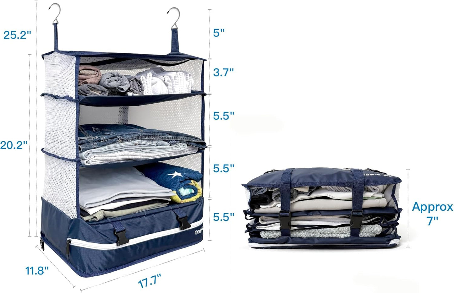 Grand Fusion Stow-N-Go Travel Luggage Organizer – Portable Hanging Travel Shelves, Carry-On Closet Organizer, Hanging Packing Cubes, Collapsible Carry-On Organizer for Cruises & Hotels. Blue - XL