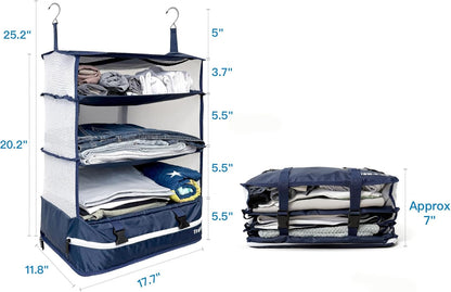 Grand Fusion Stow-N-Go Travel Luggage Organizer – Portable Hanging Travel Shelves, Carry-On Closet Organizer, Hanging Packing Cubes, Collapsible Carry-On Organizer for Cruises & Hotels. Blue - XL