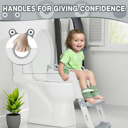 Potty Training Seat with Step Stool Ladder, Toddler Toilet Seat with PU Cushion, Adjustable 5-Level Height, Foldable Potty Training Toilet for Kids Boys Girls, Anti-Slip Pads Ladder