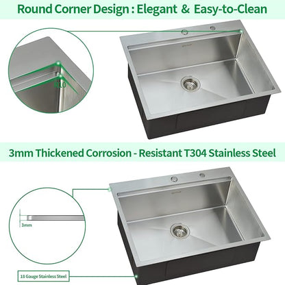 25 x 22 Inch Kitchen Sink, Drop In Stainless Steel Single Bowl Workstation Sink - Image 5