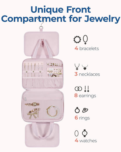 BAGSMART Travel Toiletry Bag with Jewelry Organizer, Hanging Travel Bag for Toiletries, Puffy Makeup Cosmetic Bag Organizer, Carry-on Travel Accessories Essentials, Pink-L