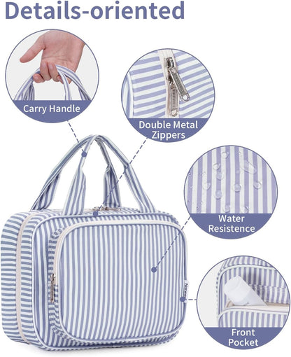 Narwey Striped Hanging Toiletry Bag for Women Travel Makeup Bag Organizer Toiletries Bag for Travel Size Essentials Accessories Cosmetics (Greyish Blue Stripe (Medium))