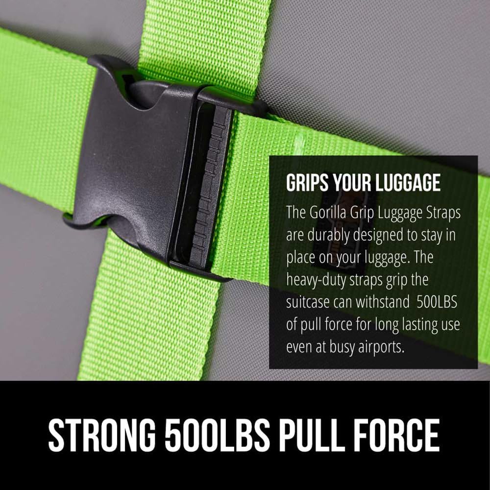 GORILLA GRIP Heavy Duty 8 Pack Adjustable Luggage Straps for Suitcases, Easy to Identify Travel Belt Connector Holds Suitcase Together, Extends Life of Bag, Strap Connects Two Bags, Accessories Green