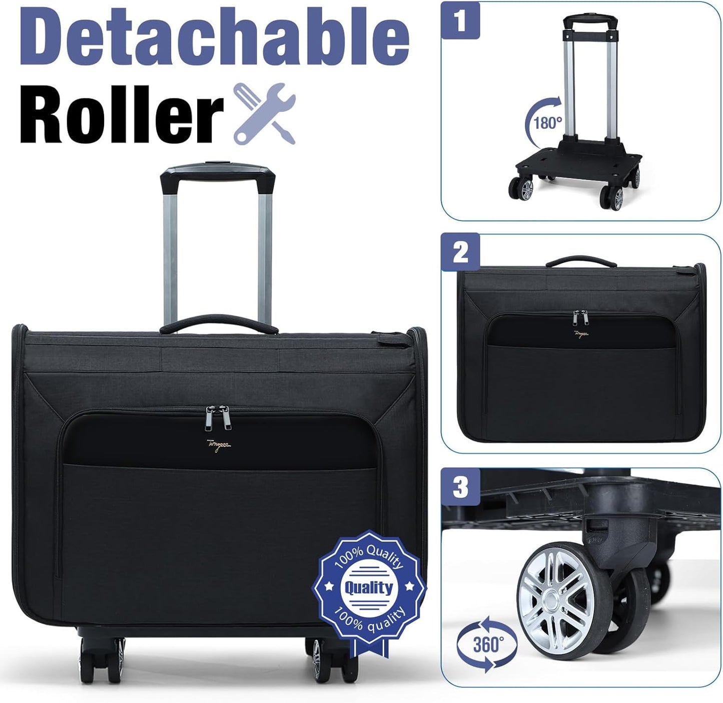 Softside Rolling Garment Bag, Large Duffle Garment Bag with Wheels, 3 in 1 Detachable Suit Luggage for Women Men, Business Travel Weekender, Black