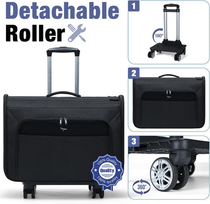 Softside Rolling Garment Bag, Large Duffle Garment Bag with Wheels, 3 in 1 Detachable Suit Luggage for Women Men, Business Travel Weekender, Black