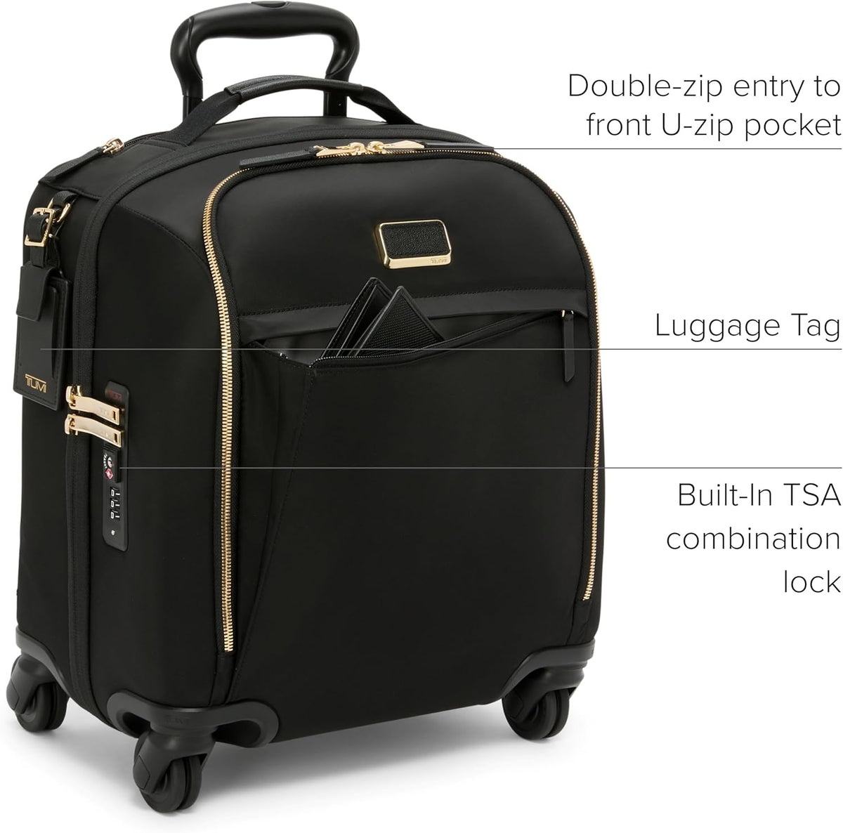 TUMI - Voyageur Leger 4 Wheeled Luggage - Women's Lightweight and Spacious, Sleek Silhouette, Durable Premium Suitcase - 16" Compact Carry-On, Black with Gold Hardware