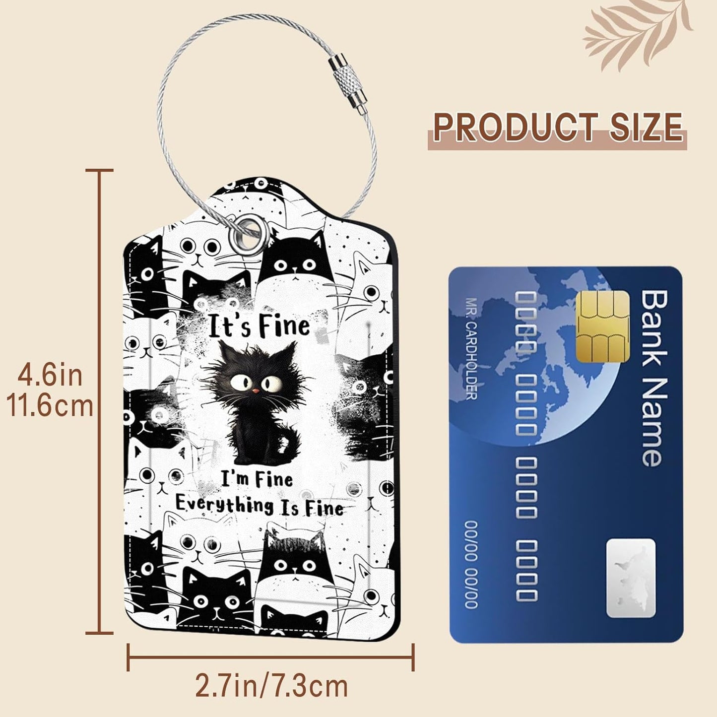 2 Pcs Funny Cat Luggage Tags for Suitcase, Leather Luggage Tags Cute, Privacy Cover ID Label with Stainless Steel Loop & Address Card, Cute Cat Travel Bag Tag Luggage Accessories for Suitcases