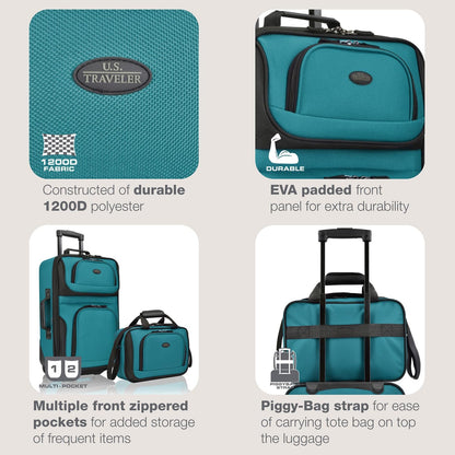 U.S. Traveler Rio Fabric Expandable Carry-on Luggage, Rolling Suitcase, Teal, 2 Wheel Set