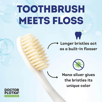 MOUTHWATCHERS Soft Flossing Toothbrushes, Value Pack of 4, Red, Manual Toothbrush for Adults, Ultra Clean, Good for Sensitive Teeth and Gums, by Dr. Plotka's