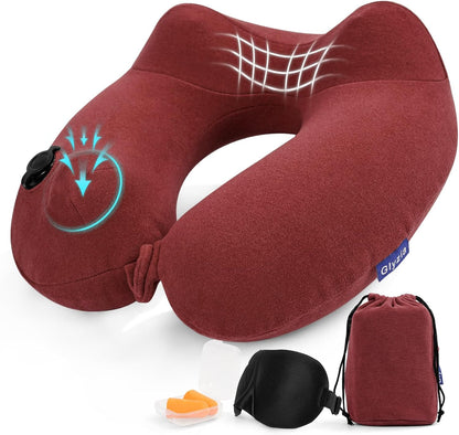 Inflatable Travel Neck Pillow for Airplane, Head Support Velvet Adult Neck Pillow for Long Flight, Kit with Eye Mask, Earplugs and Storage Bag,1, Red