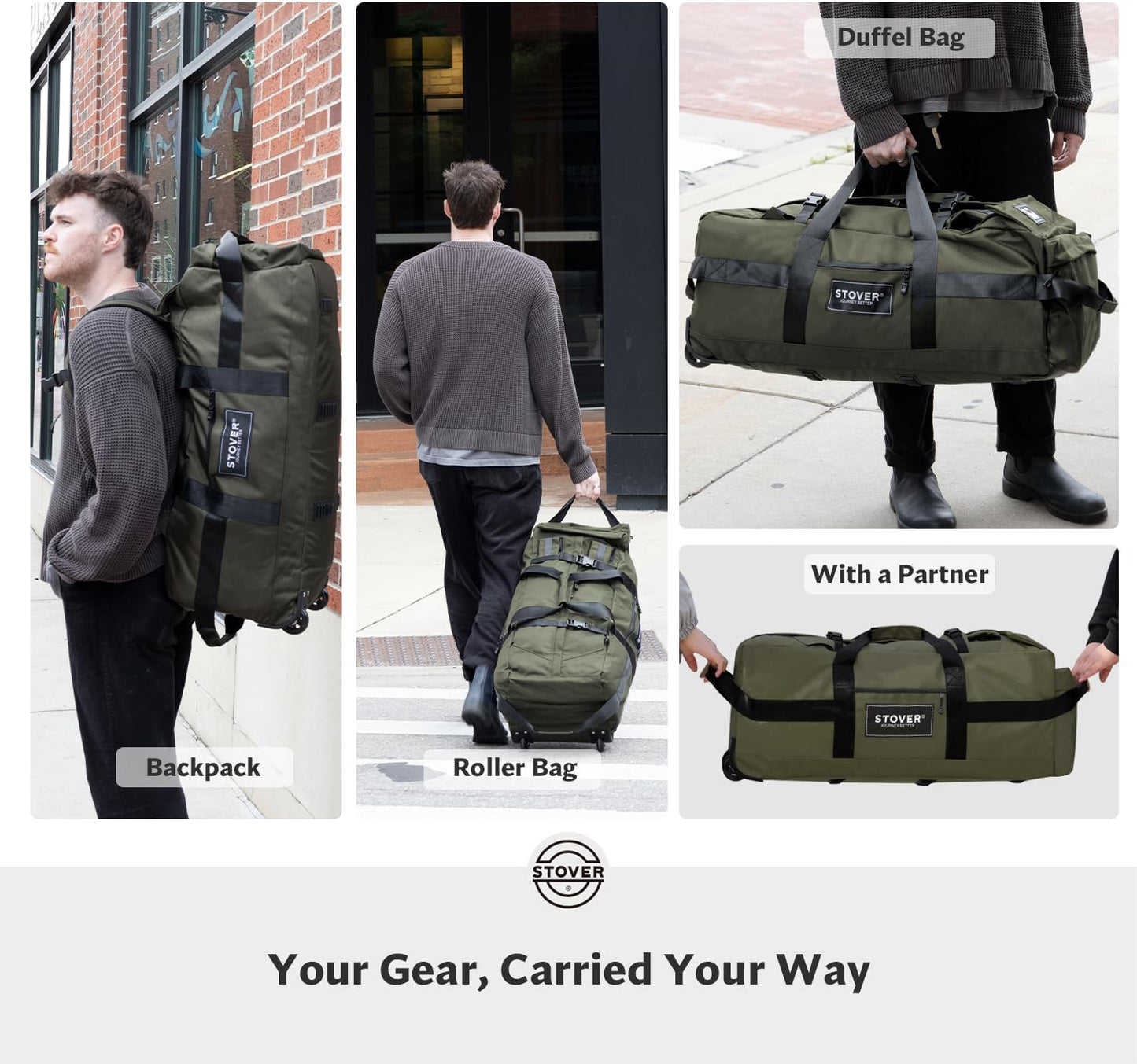 STOVER 100L Rolling Duffel Bag with Wheels, X-Large 35 Inch Durable Travel Duffle + Toiletry Bag, Heavy Duty, Packable w/Shoulder Straps- Use as Luggage or Backpack, Men/Women (Green)