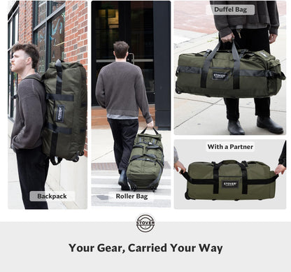 STOVER 100L Rolling Duffel Bag with Wheels, X-Large 35 Inch Durable Travel Duffle + Toiletry Bag, Heavy Duty, Packable w/Shoulder Straps- Use as Luggage or Backpack, Men/Women (Green)